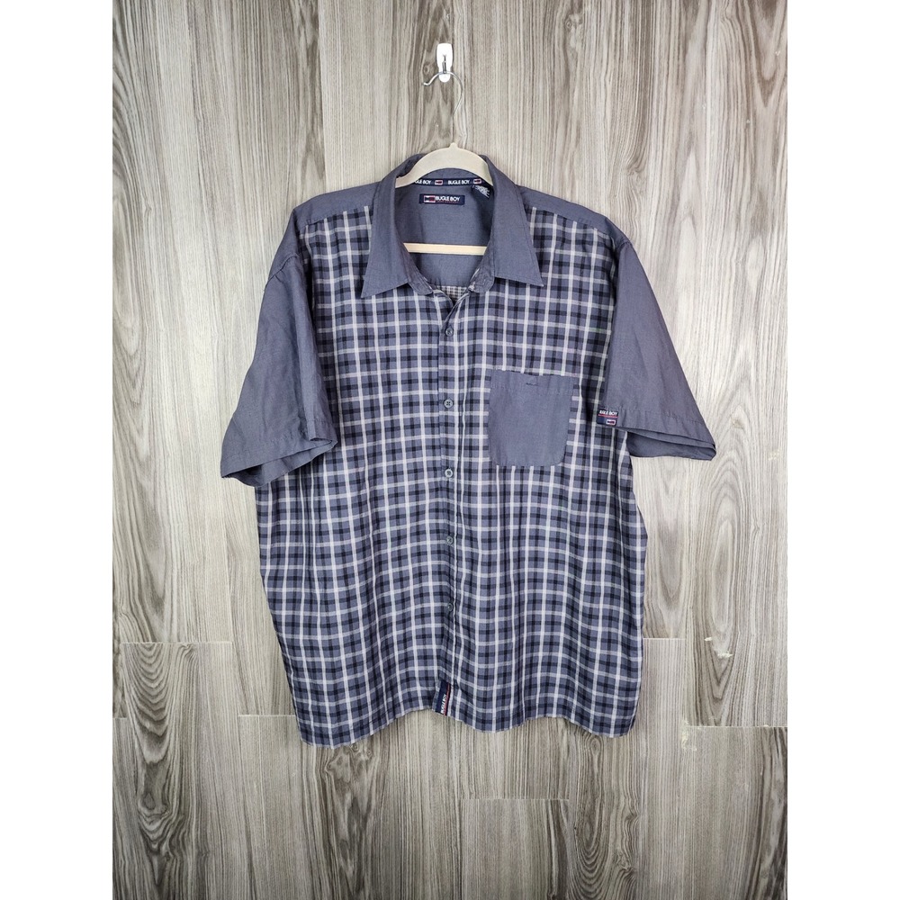 Bugle Boy Mens 2XL Steel Blue Plaid Mixed Media Short Sleeve Button Down Shirt